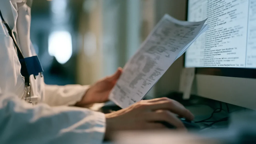 Hands and shoulders of a clinician pausing over a mouse before accepting a draft record entry, a printed copy of the same note held in the other hand