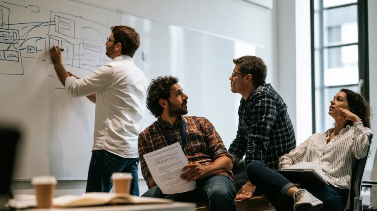 Three engineers at a whiteboard wall working through an architecture decision while one of them holds a printed decision record.