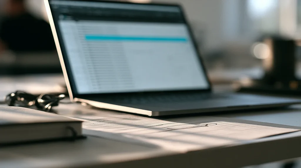 Close up of a laptop screen edge showing stacked build check rows beside a printed decision page with one field line underscored.
