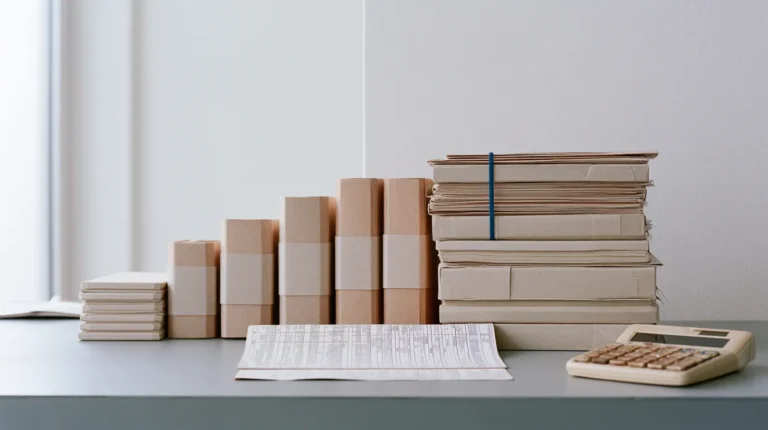 Five national application dossiers of visibly different thickness laid in a row beside a desk calculator and a printed fee schedule, the cost of a MiCA CASP licence across Member States