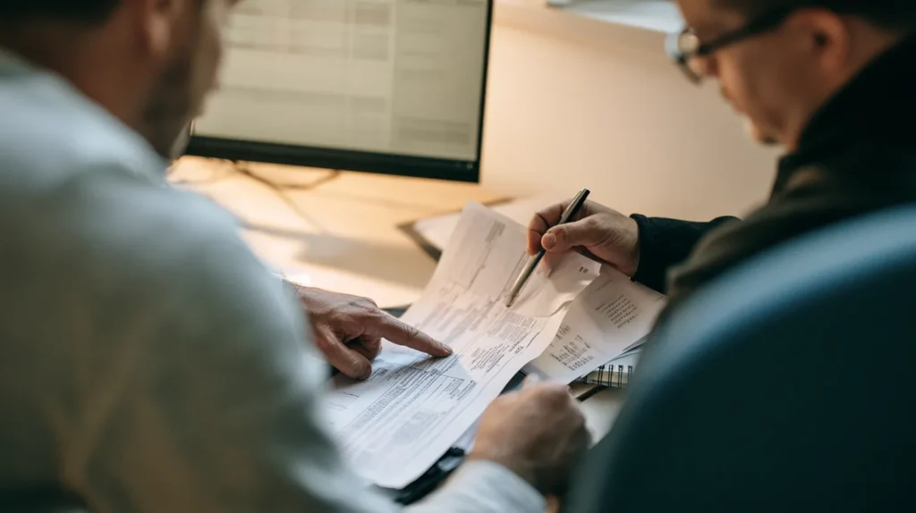 Two colleagues breaking a licensing budget line by line against a regulator's printed fee schedule at a small finance desk, separating the regulator fee from total CASP setup cost