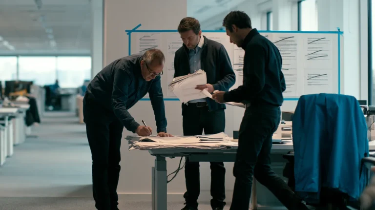 An operations team signing off a frozen balance snapshot beside a printed seven phase wind down sequence with the earlier phases struck through by hand, the sequence a MiCA Article 74 wind-down plan sets in motion