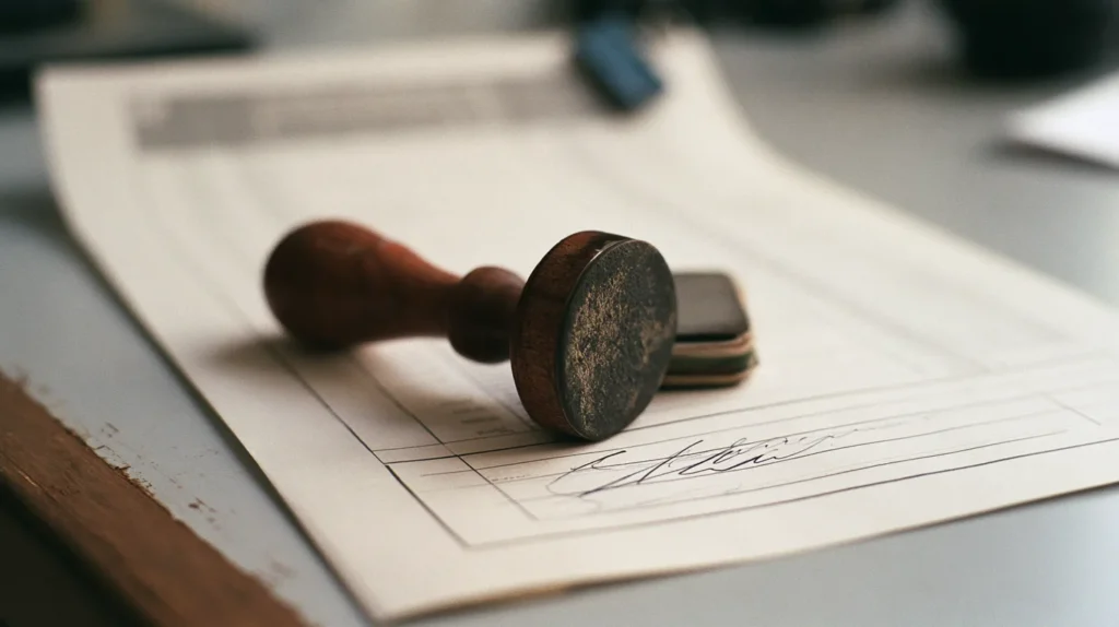 A timestamped register printout with a signature block and a rubber date stamp resting on it, the freeze and reconcile phase of a CASP wind down
