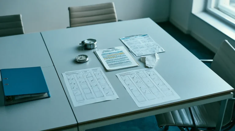 Top down view of two printed reporting timelines, a desk clock and a marked regulation extract on an incident war room table.