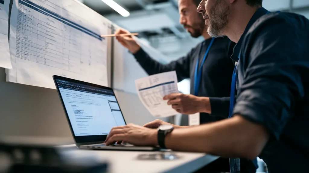 Hands and shoulders of two colleagues at a standing desk filing a notification form on a laptop while one pencils a date onto a paper wall planner.