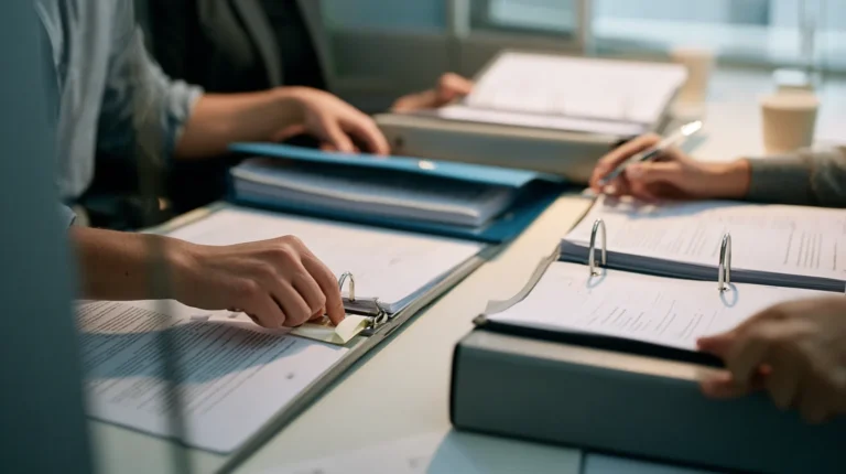 Hands and shoulders of two colleagues comparing clauses across three thick ring binders opened flat in a small meeting booth.