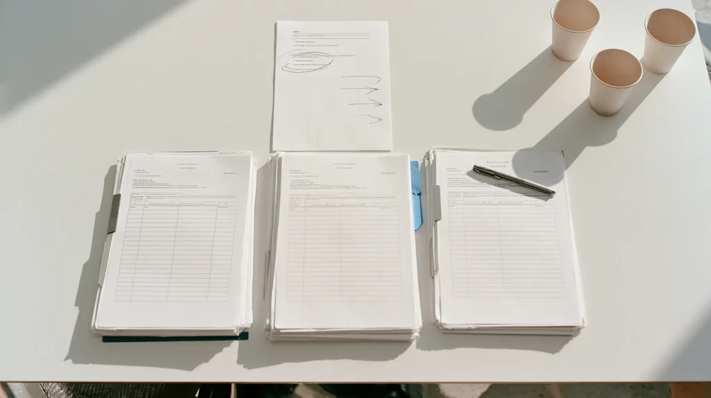 Top down view of one printed alert page above three separate stapled filing packets fanned into three columns on a meeting table.