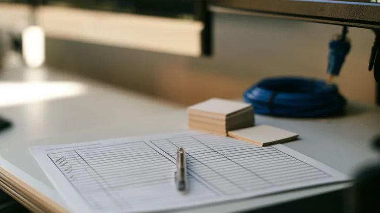 Close up of a printed two column triage sheet and a fanned stack of index cards on a security operations desk with wall monitors behind.