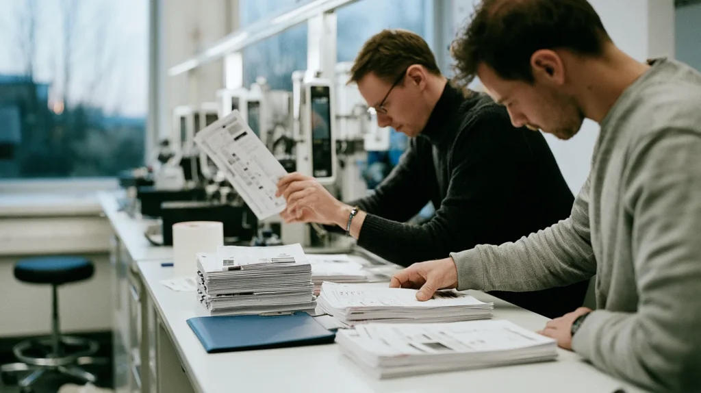 Two colleagues in a bright QA lab sorting printed incident sheets into two separate piles along a long white bench.
