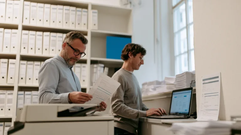 Two colleagues in a documentation and print room, one lifting a printed checklist from an office printer while the other types into a plain web form on a laptop.
