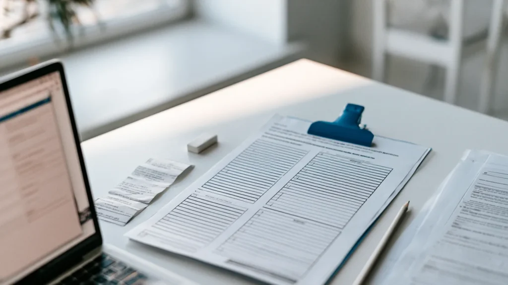 Top down view of a printed intake checklist grouped into three bracketed blocks of ruled entry lines beside two registration slips and a laptop.