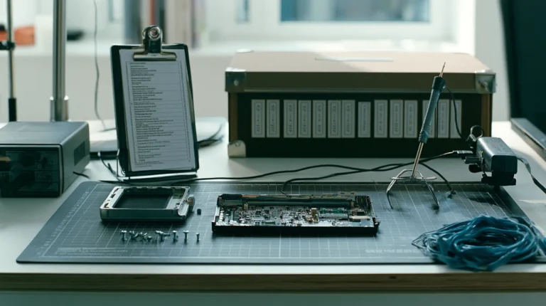 Hardware test bench with a small connected device opened on an anti static mat beside a clipped printed dependency list and an archive box.