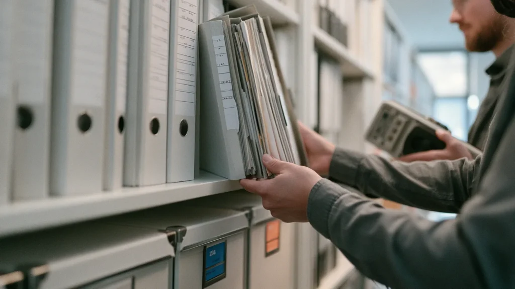 Hands and shoulders of two colleagues in a white archive aisle, one pulling a labelled binder of update records off a shelf while the other holds an older connected device.