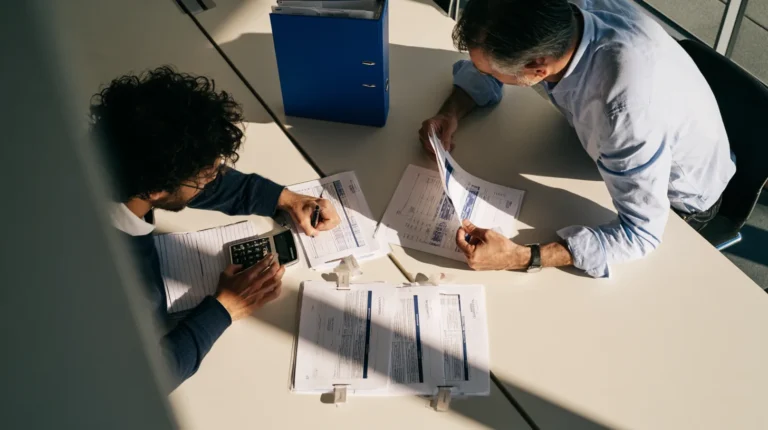 Two colleagues at a meeting table comparing several printed vendor quote packs and adding up a monthly total on a pad.