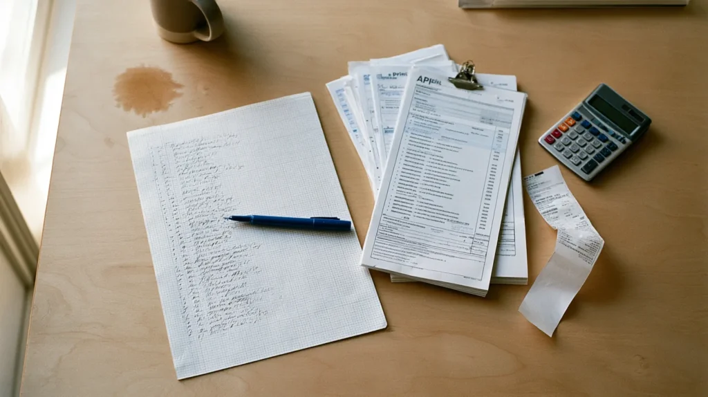 Top down view of a desk with a handwritten itemised list of monthly infrastructure line items, stapled API pricing printouts and a pocket calculator.