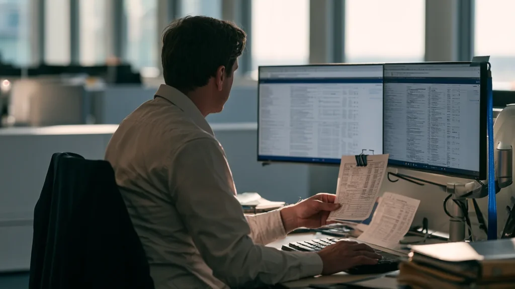 A compliance analyst working through a measured alert population at a workstation and marking a printed sample by hand, the six step rule tuning loop for crypto transaction monitoring