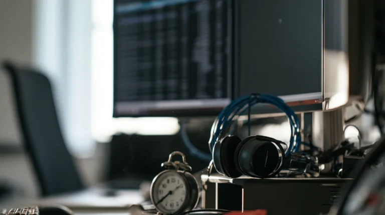Close up of the edge of a monitor on an empty risk monitoring desk at first light with a queue of pending rows out of focus, a desk timer and a blue network cable.