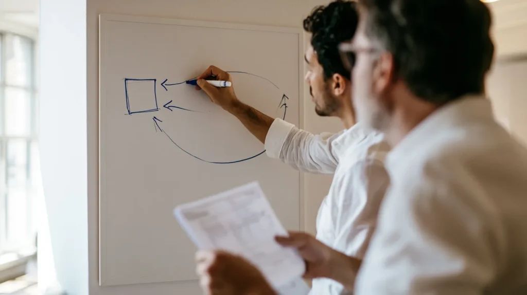 Hands and shoulders of two people at a whiteboard corner drawing one box with a straight arrow and a looping arrow while one holds a folded delivery log printout.