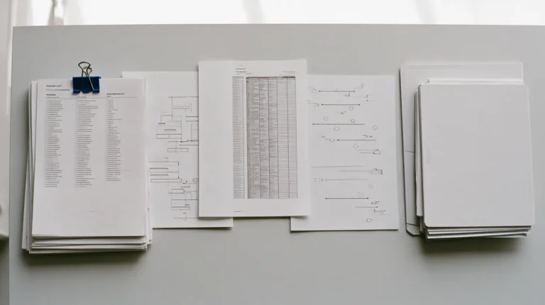 Printed export inventory on a desk, permission lists beside a schema diagram, a catalog table and a network trust diagram