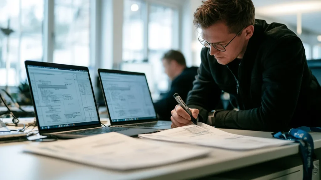 Engineer marking differences on printed output from two side by side environments during an equivalence test