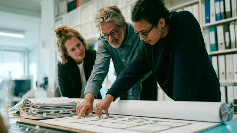 Three colleagues around a table in an audit room reading a tabbed contract bundle against a large unrolled architecture diagram of boxes and connectors.