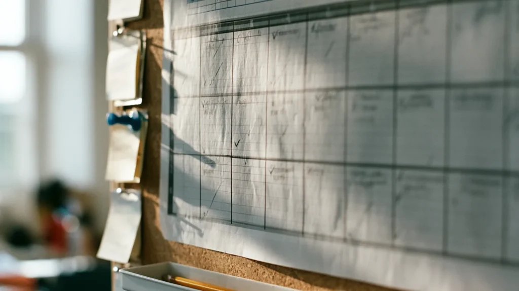 Close up of the corner of a large printed verification grid pinned to a board with hand drawn tick marks in the cells, index cards down the left edge and a blue pushpin.