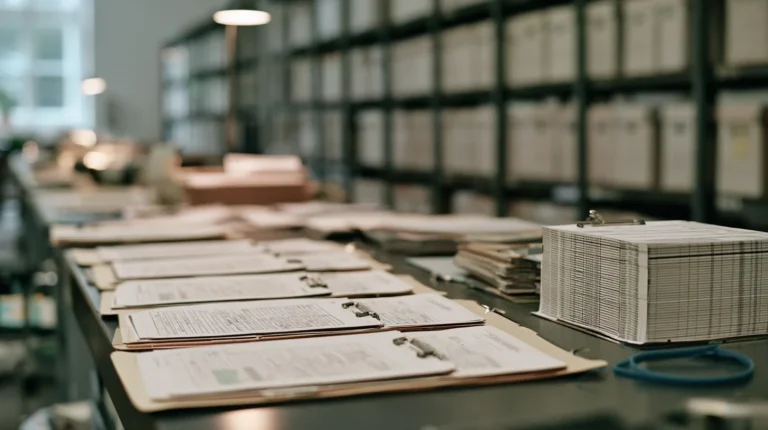 A work table in a records room with a dozen contract folders spread in rows beside a clipped stack of printed multi column template pages and a blue file band.