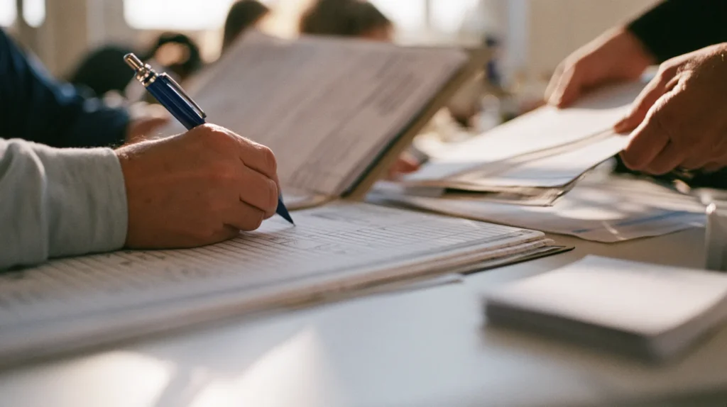 Hands filling one row across a wide printed register grid with a blue pen while working from an open contract folder, a second hand sliding another folder in.