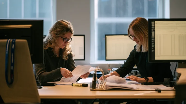 Two finance operations colleagues at adjacent desks matching a customer balance figure on an internal ledger printout against a bank statement drawn from a separate system, the daily reconciliation an e-money safeguarding team has to prove