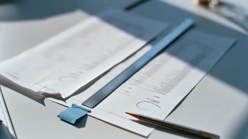 Two printed account statements laid side by side on a desk with one total circled in pencil on each sheet and a steel ruler lying between them, the paired evidence behind an e-money safeguarding reconciliation