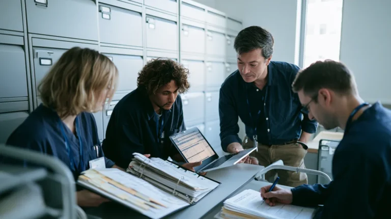Hospital IT staff and a clinical records officer working through a conformity documentation binder at a records room counter.
