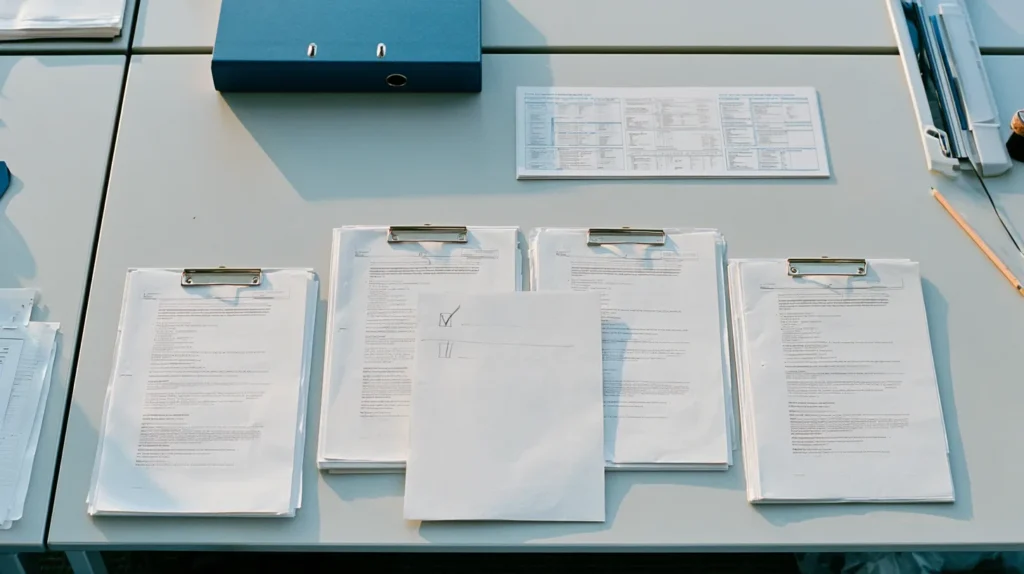 Top down still life of four separate stapled document sets laid in a row on a quality office desk with tab dividers and a pencil.