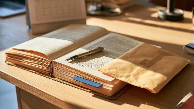 An auditor's reserve file open at a tabbed valuation section on a desk beside a sealed filing envelope and a desk calendar, the six-monthly attestation evidence behind electronic money token issuance