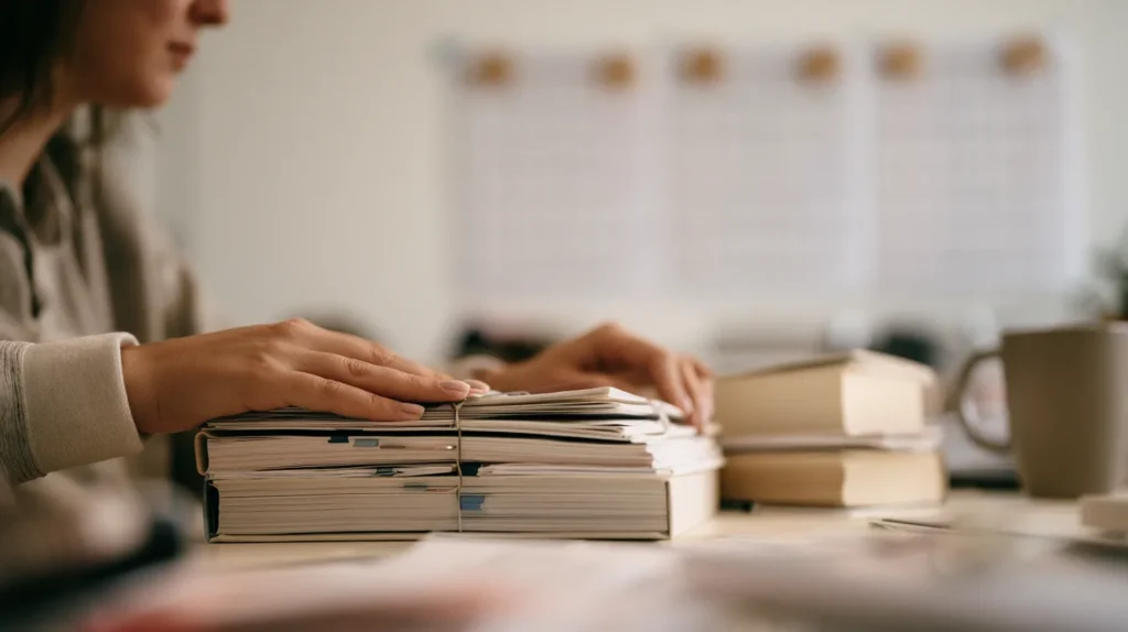 An independent auditor at a meeting-room table working through bound reserve records with a wall-mounted month planner behind her, the attestation cycle that governs electronic money token issuance