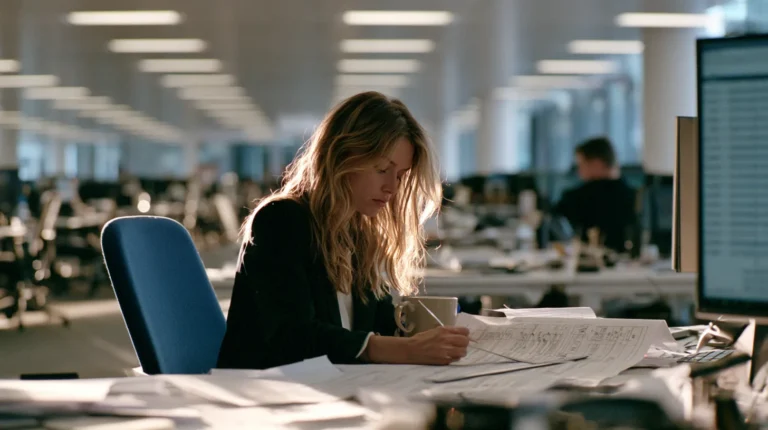 An analyst alone on an open compliance floor at dawn running a steel ruler down a long printed register list and ticking entries in the margin.