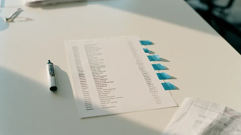 Top down view of a printed list of twenty six country lines with handwritten tallies in the margin, sticky flags along the page edge and a highlighter.