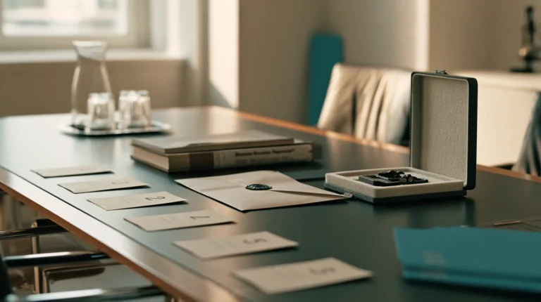 A supervisory review table laid out with six numbered agenda cards, a bound reconciliation report, a sealed tamper evident envelope and a hardware signing device in a foam case.