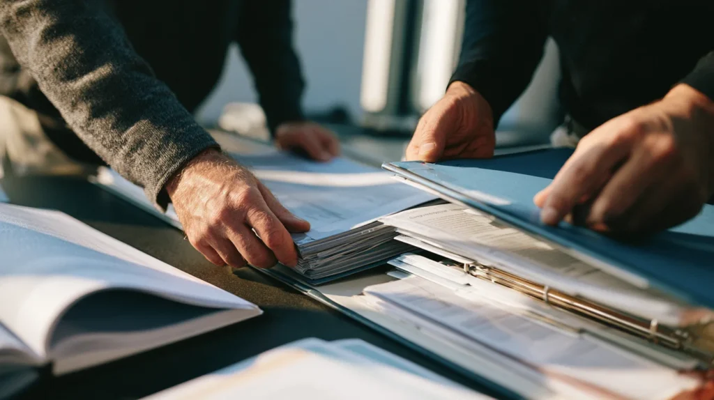 Two people at a table sorting printed reconciliation reports and quarterly statements into a ring binder behind labelled dividers, one divider tab blue.