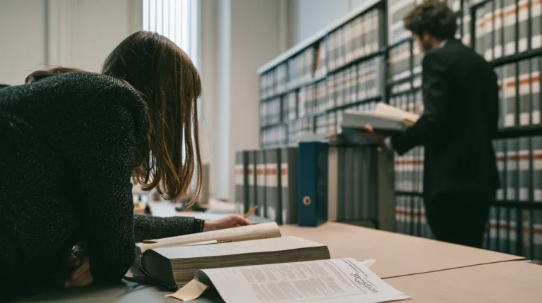 Two lawyers in a law library comparing an open regulation volume against a printed question and answer page.