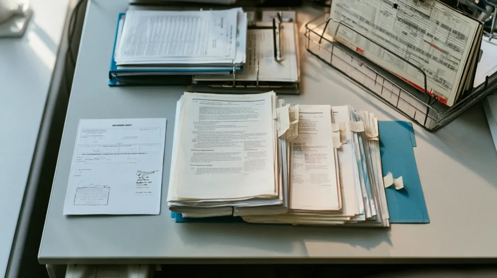 Top down view of a printed issuer determination file with tabbed evidence sections and earlier versions in a binder on a compliance desk for MiCA listing decisions.