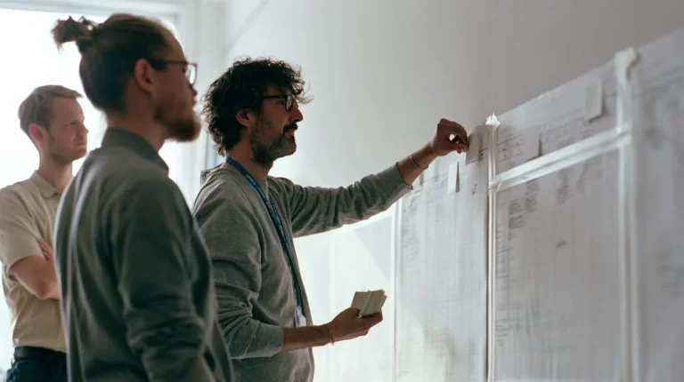 Three colleagues laying out a dated compliance sequence along a long paper wall planner and moving small cards between three separate dated windows, the timeline work behind EU AI Act compliance