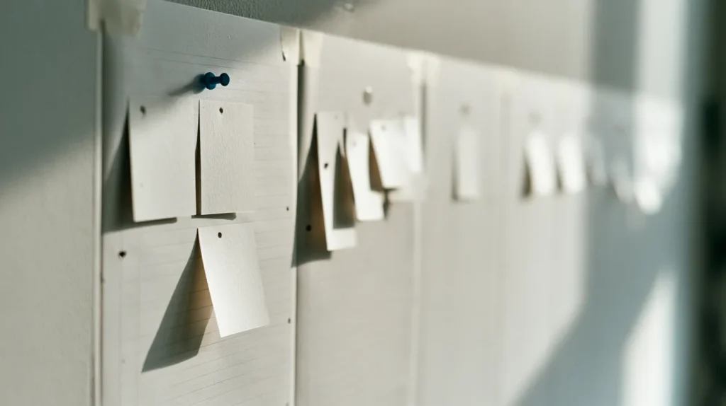 A close-up of a paper wall planner strip with three dated windows marked off in tape and small blank cards clustered unevenly between them, the sequencing checklist behind EU AI Act compliance