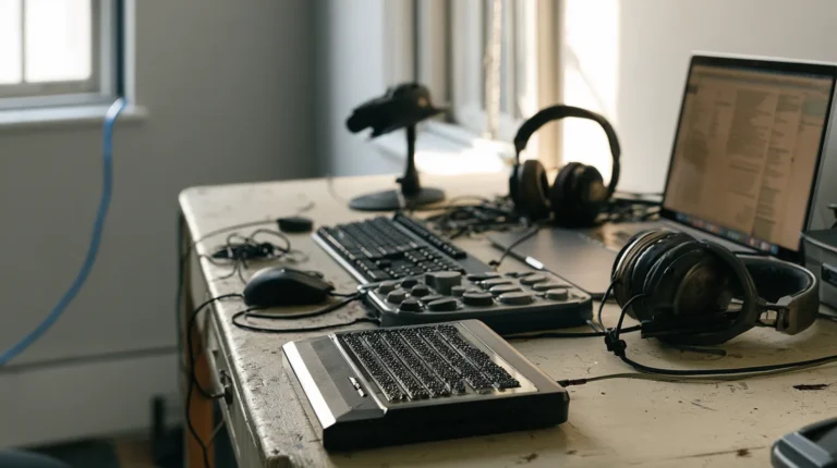 An accessibility testing bench laid out with a refreshable braille display, a keyboard with the mouse set aside, a switch access pad and headphones.