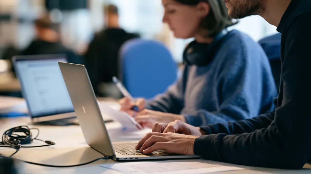 Hands and shoulders of two colleagues driving a checkout flow by keyboard alone with the mouse unplugged and a printed test route between them.