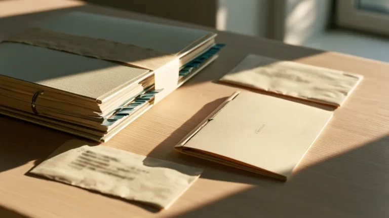 A thick ring binder with archive tabs beside a slim saddle stitched booklet on a table, each with its own addressed envelope, the split between the two audiences a general-purpose AI model provider must write for