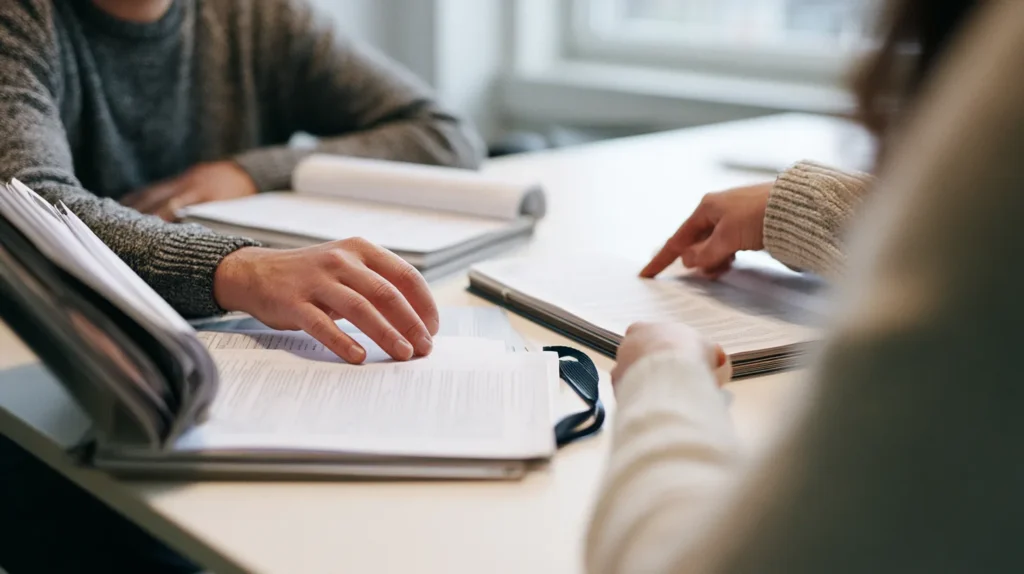 Two colleagues seated across a table each holding open a different bound documentation set and comparing them line by line, the two-audience split in general-purpose AI model documentation