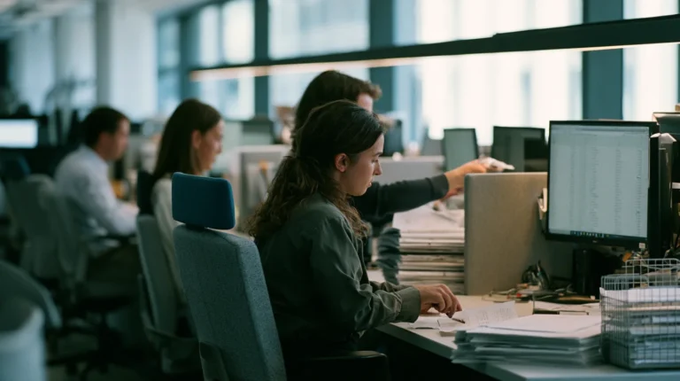 Three analysts at a shared hit review desk working down a queue of flagged transfers, one clearing an item and setting the sheet aside, the review work the EU Instant Payments Regulation reshapes
