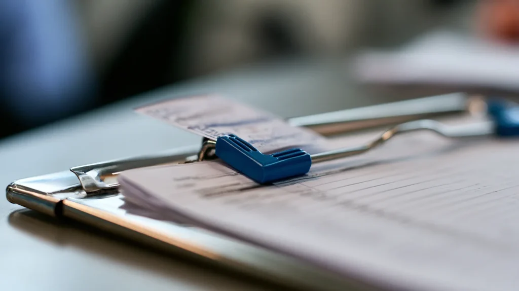 A tight macro of a printed alert list on a clipboard with a stamped disposition slip clipped over it at an empty review station, the paper trail an instant payments hit review desk leaves behind