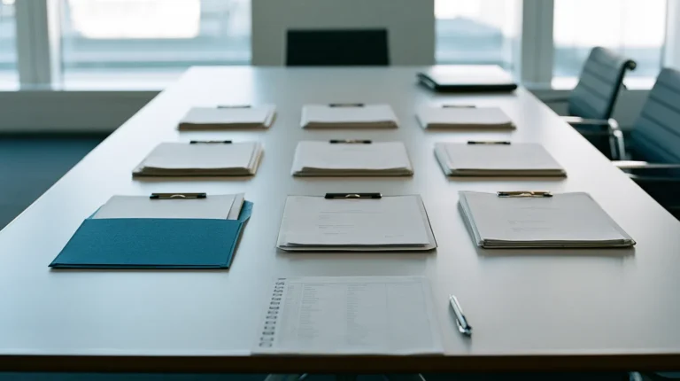 Overhead view of five stapled evidence reports and a hand ticked checklist laid out on a boardroom table.