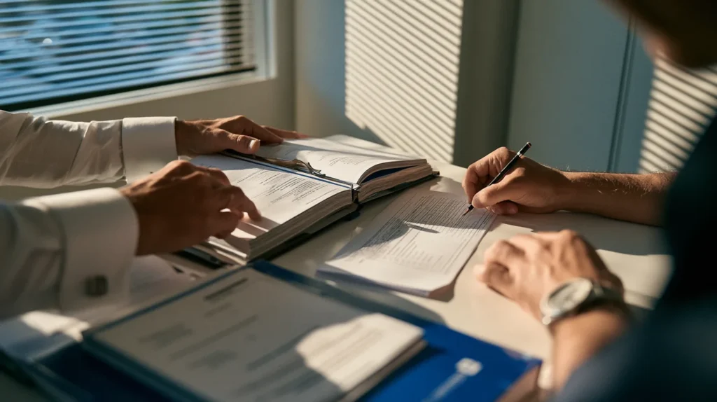 Hands of two analysts comparing a bound custodian attestation report against a printed checklist in a meeting room during qualified custody due diligence.